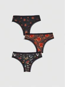ROMWE Fairycore 3pcs Women's Fairy Mushroom Butterfly Sunflower & Floral Allover Print Lace Trimmed Thong Underwear Set