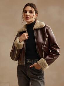 Anewsta Veste courte pour femmes à col à rabat bicolore avec double poches, mode