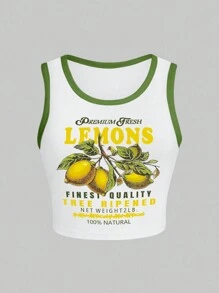 INAWLY 女士水果与字母印花撞色边饰圆领背心