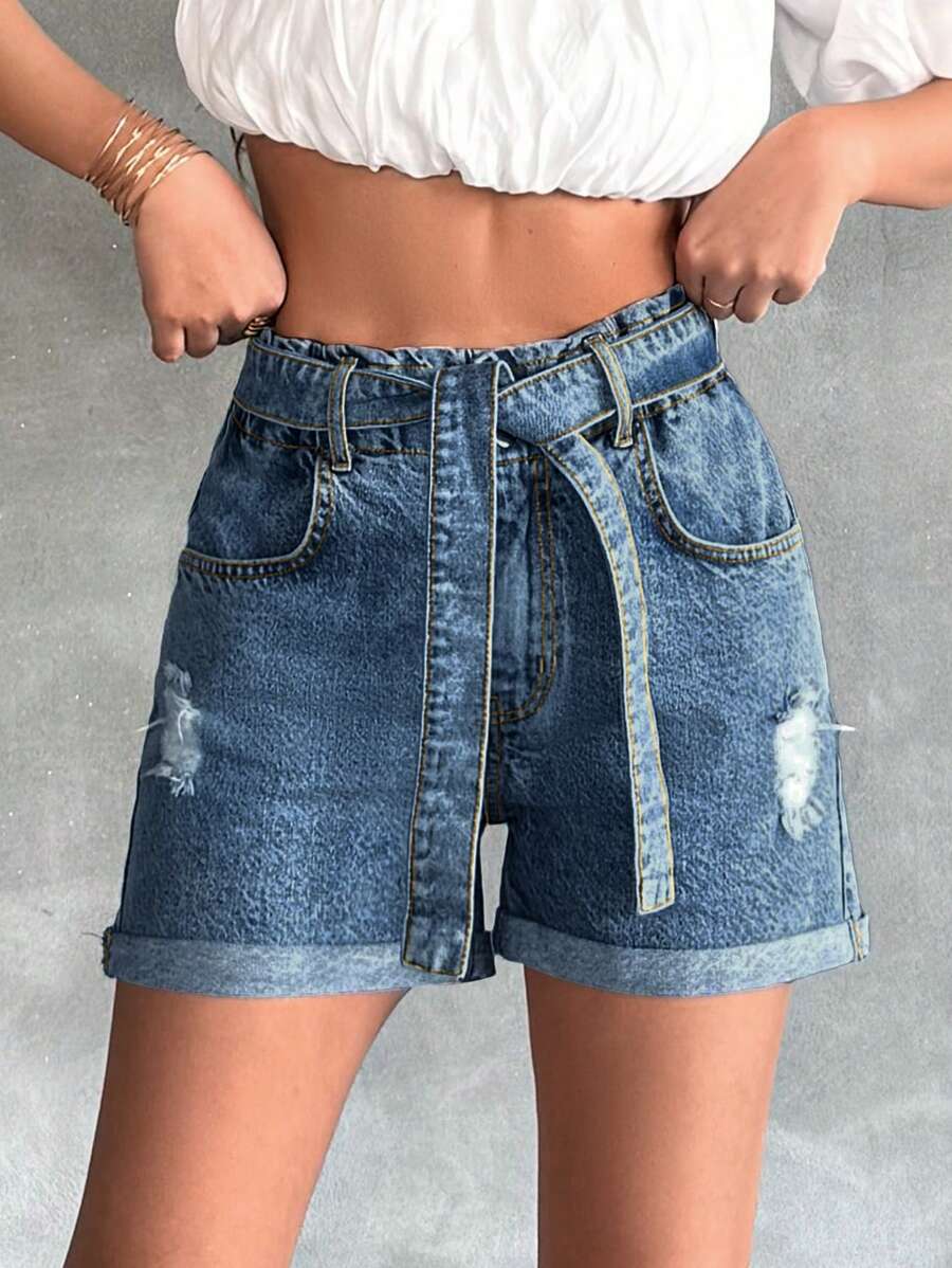 RueChic Paperbag Waist Fold Up Detail Light Wash - Medium Wash - View 1