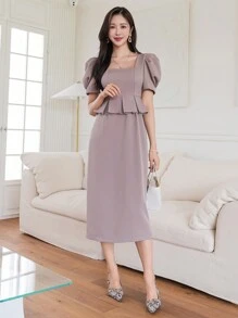 DAZY Women's Solid Color Square Neck Ruffle Trim Puff Sleeve Dress, Summer Sundress - Pink - View 5