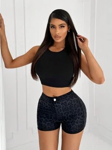 SHEIN SXY 性感豹纹 PU 短裤 - 黑色 - 查看 3