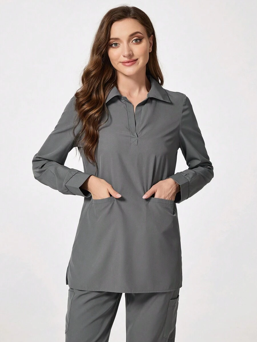 TaskEZ Solid Color Long Sleeve Women Scrub Uniform Top With Pockets