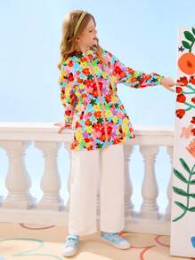 SHEIN Tween Mädchen Reißverschluss Blumen Muster Taillenbund Kapuze Freizeit Urlaubsjacke