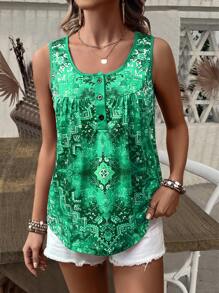 EMERY ROSE Women's Vintage Printed Simple Daily Wear Sleeveless Tank Top - Green - View 5
