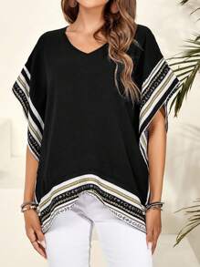 EMERY ROSE 女士夏季拼接网眼V领宽松衬衫 - 黑色 - 查看 5