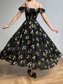 Modelyn Đầm hở vai họa tiết hoa thanh lịch cho nữ, trang phục Maxi mùa hè cho nữ, đầm dạ hội dài - màu đen - Xem 2