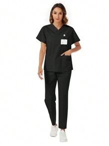 2pcs/Set Dropped Shoulder Solid Color Simple Short Sleeve Top & Pants Scrub Set Spring Black - Black - View 4