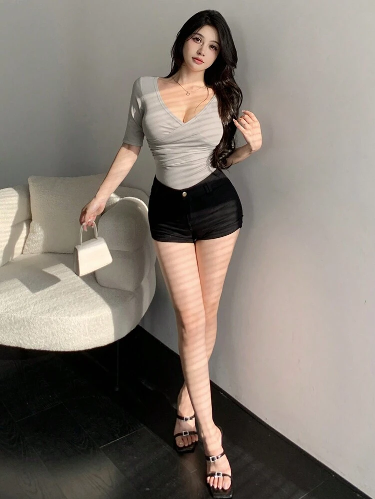 Women's Summer Solid Color Overlap V-Neck Short Sleeve Tight T-Shirt Going Out Tops Women