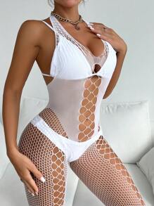 1 pieza Mono brillante sexy con abertura hueca con cuello halter para mujeres