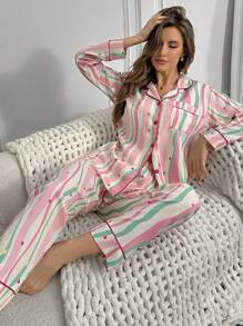 SHEIN Bộ đồ ngủ Dopamine sọc hình trái tim dành cho nữ, áo dài tay có túi cài nút ve áo và quần dài thoải mái, rộng rãi, phù hợp mặc trong mùa lễ, quần áo thu đông - Nhiều màu - Xem 3