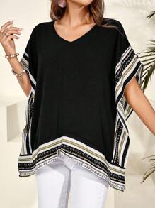 EMERY ROSE 女士夏季拼接网眼V领宽松衬衫 - 黑色 - 查看 4