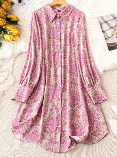 Plus Size Printed Turn-Down Collar Long Sleeve Casual Spring/Summer Vacation Matching Dress Fall Cloth For Women