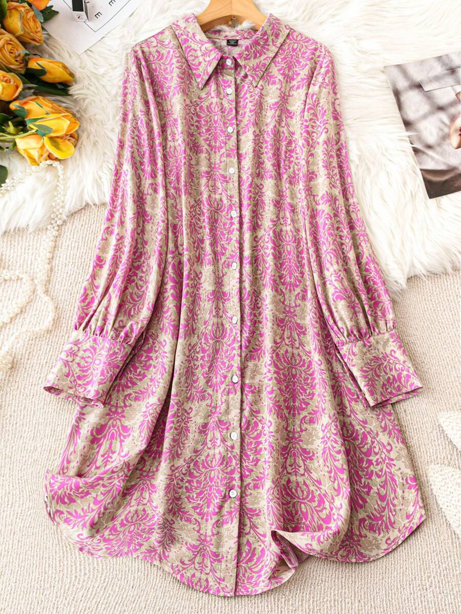 Plus Size Printed Turn-Down Collar Long Sleeve Casual Spring/Summer Vacation Matching Dress Fall Cloth For Women - Pink - View 1