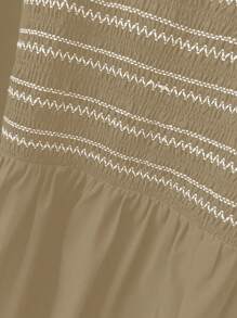 SHEIN LUNE Plus Size Nữ dáng rộng sọc cổ tròn ngắn tay phồng bong bóng, mùa hè - màu nâu - Xem 4