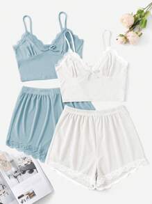 女士睡衣套装 - 细肩带蕾丝边蝴蝶结吊带背心和宽松舒适短裤 - 彩色 - 查看 1