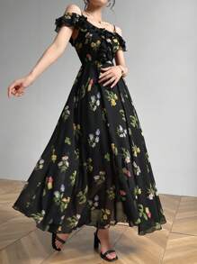 Modelyn Đầm hở vai họa tiết hoa thanh lịch cho nữ, trang phục Maxi mùa hè cho nữ, đầm dạ hội dài - màu đen - Xem 3