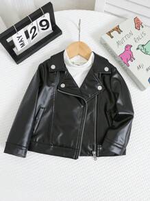 SHEIN 男婴/女婴休闲运动街头风PU领机车风拉链夹克，纯黑色，适合秋冬季穿着 - 彩色 - 查看 7