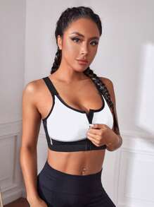 Easithlete Contrast Color Splice Front Zipper Sports Bra - Multicolor - View 4