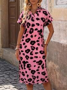 SHEIN LUNE V-Neck All Over Print Criss-Cross Wrap Short Sleeve Dress - Pink - View 3