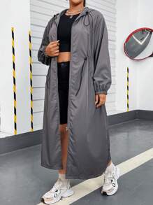 Flirla Plus Size Drawstring Hooded Sun Protection Casual Long Outerwear Fall Winter Cloth For Women Autumn
