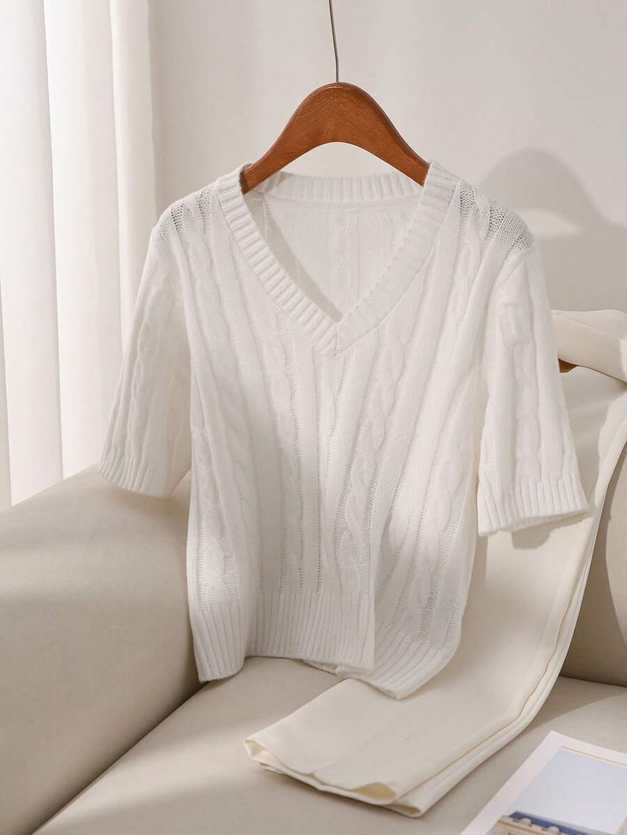 SHEIN Essnce 加大码针织 V 领短袖毛衣（配扭纱） - 白色 - 查看 1