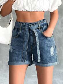 RueChic Paperbag Waist Fold Up Detail Light Wash - Medium Wash - View 6