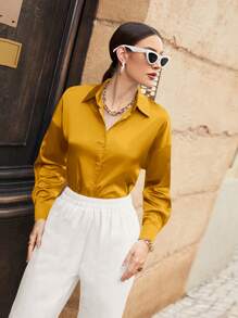 Mulvari 休闲纯色落肩长袖衬衫，春/秋 - 黃色 - 查看 1