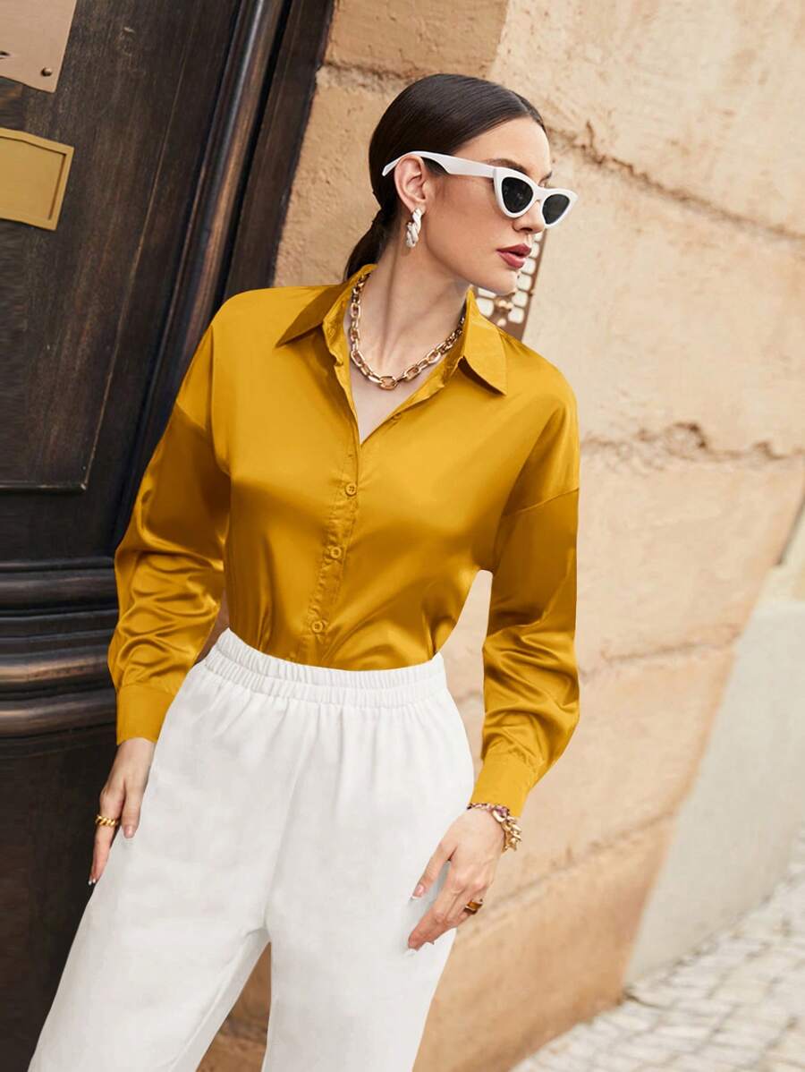 Mulvari 休闲纯色落肩长袖衬衫，春/秋 - 黃色 - 查看 1