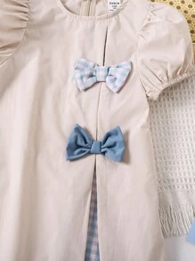 SHEIN LMoss Kids LMoss Young Girl 年轻女孩宽松休闲泡泡袖格子拼布圆领连衣裙 - 杏色 - 查看 3