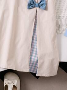 SHEIN LMoss Kids LMoss Young Girl 年轻女孩宽松休闲泡泡袖格子拼布圆领连衣裙 - 杏色 - 查看 6