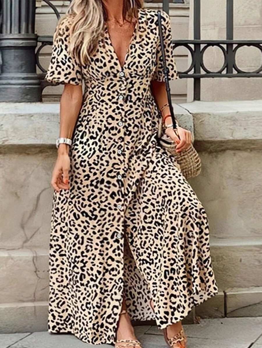 Flirla Vestido Plus con estampado de leopardo, escote pronunciado y abertura en el muslo - Caqui - Ver 1