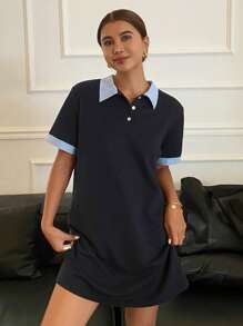 Livesso Vestido corto de polo con mangas cortas y parches para mujer, vestido casual de verano para mujer - Azul Marino - Ver 8
