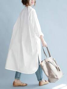 Women's Solid Button Front Curved Hem Shirt Dress Long Sleeve Fashion Casual For Spring, Autumn - White - View 2