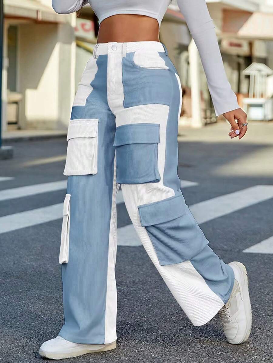 Quần cargo ống rộng cạp cao phối màu phong cách Y2K Street, chất liệu nhung kẻ, thích hợp cho mùa thu và mùa xuân. - Nhiều màu - Xem 1