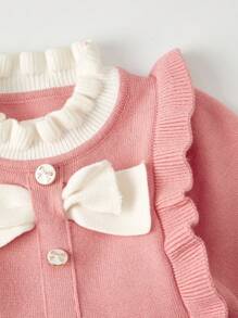 Baby Girls' Pink Casual Simple Elegant  Ruffle Bow Sweater Dress, Displaying An Elegant,  And Cute Design Style With A Simple And Sophisticated Silhouette. The Pink Tone Creates A Sweet And Warm Atmosphere, Suitable For Baby Girls To Wear. The Ruffle Edge And Bow Design Add A  And Playful Element To The Overall Look, Showcasing The Purity And Cuteness Of The Little Girl. The Sweater Fabric Is Warm And Comfortable, Suitable For Wearing In The Autumn And Winter Seasons. The Dress Design Is Simple And Generous, Easy To Put On And Take Off, Suitable For Daily Wear. This Dress Pays Attention To Details, Reflecting Exquisite Craftsmanship And Quality Assurance. Whether At Home Or Out And About, This Pink Sweater Dress Can Showcase The Elegance And Cuteness Of The Baby. The Simple Yet Elegant Style Is A Fashionable Item To Showcase The Charm Of The Little Girl, Creating A Warm And  Atmosphere When Worn. - Pink - View 7
