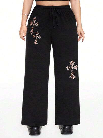 J-Fashion Pantalon ample à taille coulissée pour femmes grandes tailles, avec broderie croix et imprimé léopard style Y2K