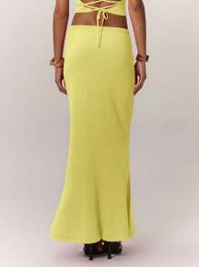 MUSERA Solid Color Knitted Elegant Drop Waist Skirt Spring Summer Vacation Cute Pastel - Yellow - View 2