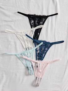 SHEIN 5 chiếc quần lót ren gợi cảm lưng thun thoáng khí thoải mái cho nữ G-String - Nhiều màu - Xem 2