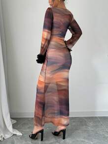 Elenzga Vestido con mangas acampanadas y bloques de color de malla teñida anudada, primavera/otoño