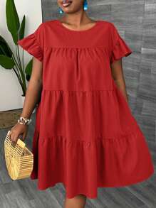 Slaydiva Plus Size Loose Solid Blue Casual & Beach Layered Ruffle Trim Short Dress For Women, Spring Summer - Red - View 6