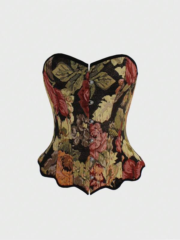 Sweetra Damen mittelalterliches Retro Blumen Muster Bustier Taille formende Bluse Y2K Outfit