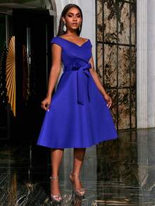 Faeriesty Elegant Off-Shoulder Solid Color Belted Party Dress - Slimming Evening Gown For Women Wedding Guest Cocktail Dress - Royal Blue - View 6