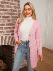 SHEIN LUNE Casual Women's Pink Long Cardigan With Drop Shoulders And Buttons - Pink - View 4