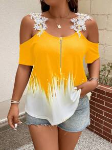 SHEIN LUNE Plus Size Women's Contrast Color Applique Decor Off Shoulder Short Sleeve Casual T-Shirt
