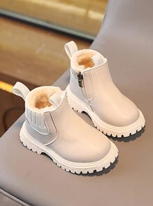 1 Pair Fashion Solid Color Autumn/Winter Children Boots, Girls' Daily Casual Fleece Boots, Unisex Boys' Pull-On Warm Short Boots, Suitable For Autumn/Winter Outdoor (Size Runs Small)