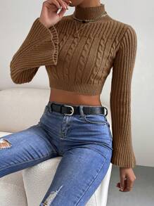 EURMUSE Stand Collar Cropped Flared Sleeve Sweater - Brown - View 6