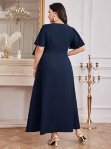 Modelyn Plus Size Women's Summer Solid Color V-Neck Short Sleeve Pleated Elegant Dress Long Evening Dresses