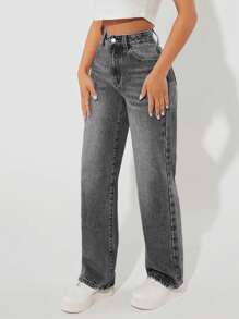 SHEIN PETITE Women's Straight Leg Loose Fit Casual Denim Pants With Pockets - Dark Grey - View 4