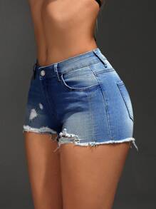 SHEIN SXY Women's Fringed Casual Denim Shorts With Pocket And Distressed Design